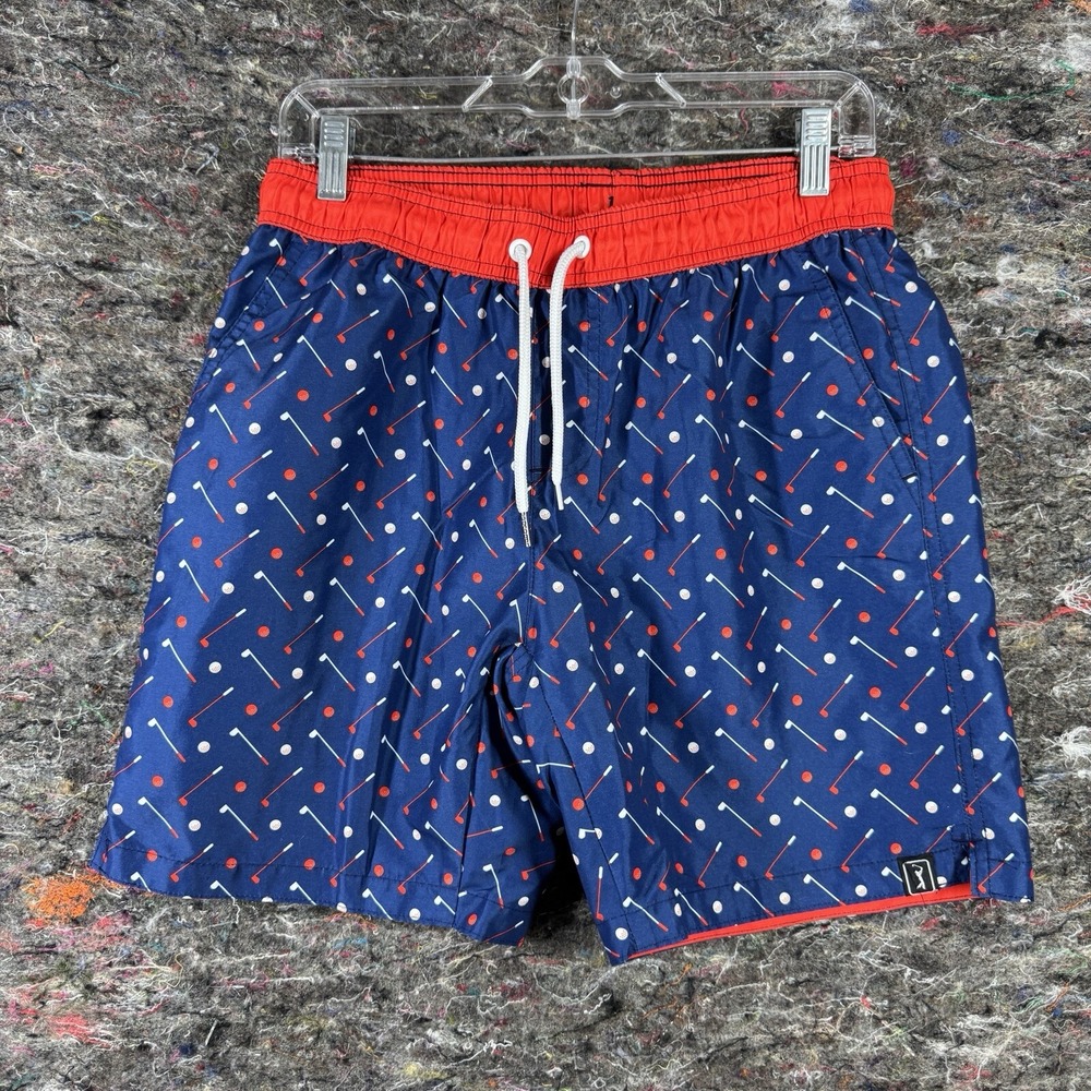 PGA Tour Shorts Mens Small Short Blue Golf Balls Clubs Print Stretch Drawstring - Picture 1 of 10